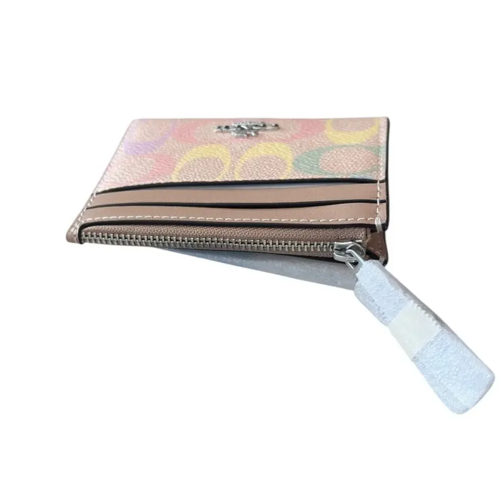 Coach Mini Skinny Id Window Case with key ring In Rainbow Signature Canvas
